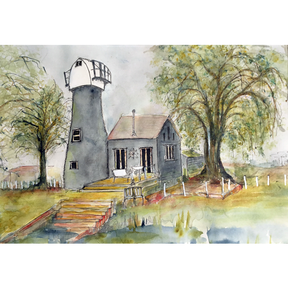 Norfolk Windmill in grey (watercolour)