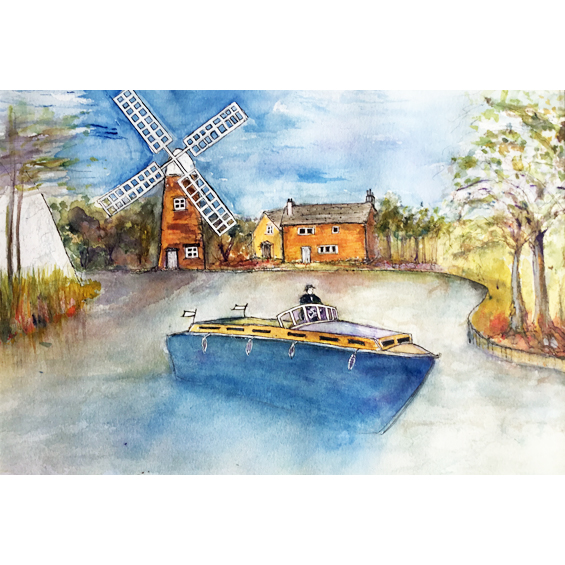 Norfolk windmill & Cruiser (watercolour)